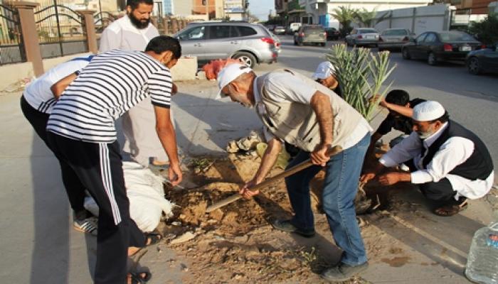 مبادرة مؤسسة نوارس ليبيا للاعمال الخيرية بتشجير شوارع الخمس باشجار النخيل 