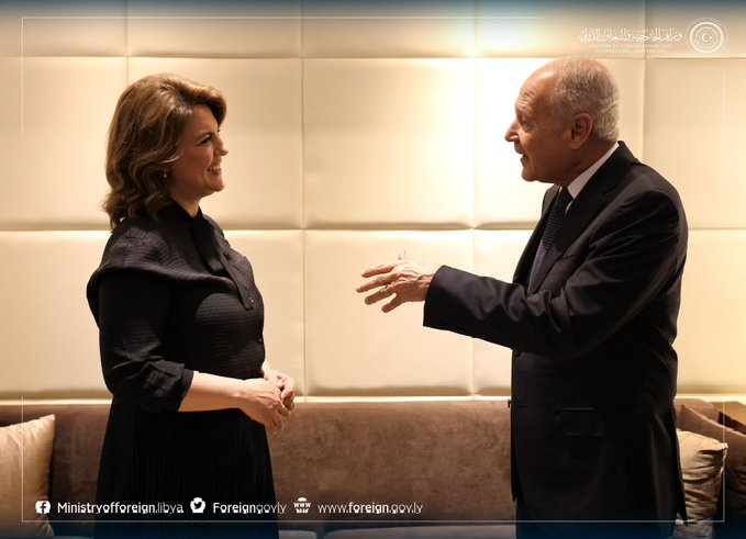 Al-Manqoush meets Aboul Gheit at the headquarters of the General Secretariat of the Arab League in Cairo.