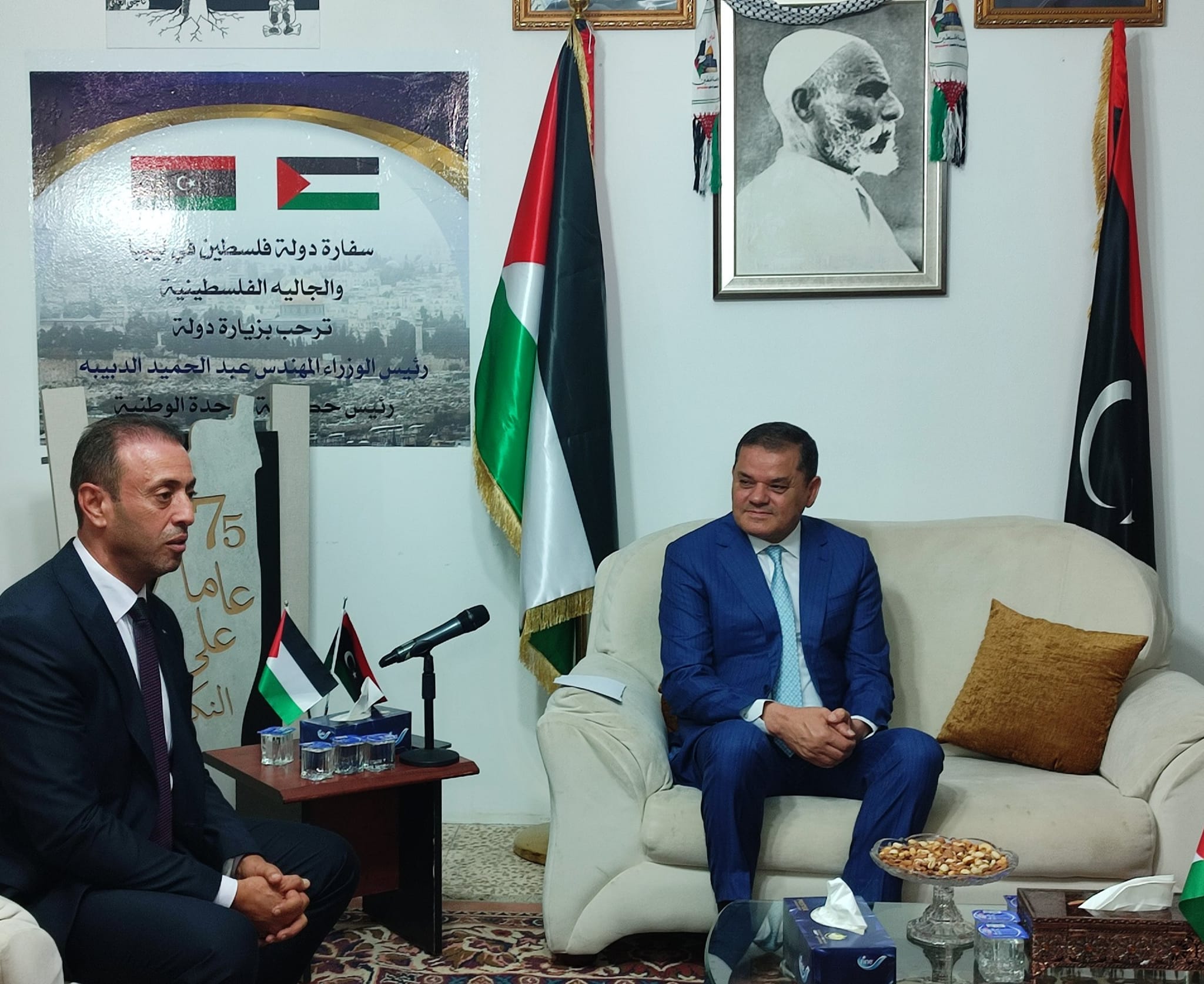 During his visit to the Palestinian embassy. Al-Dabaiba confirms the dismissal of Al-Mangoush.