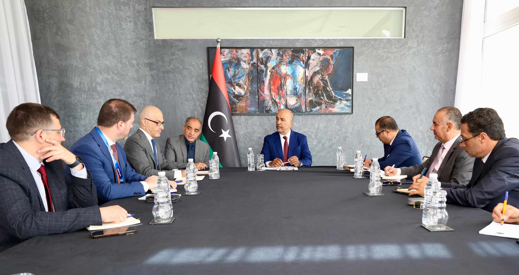 (Al-Koni) discusses with the European Union Ambassador aspects of joint and direct cooperation between Libya and the European Union in various fields.