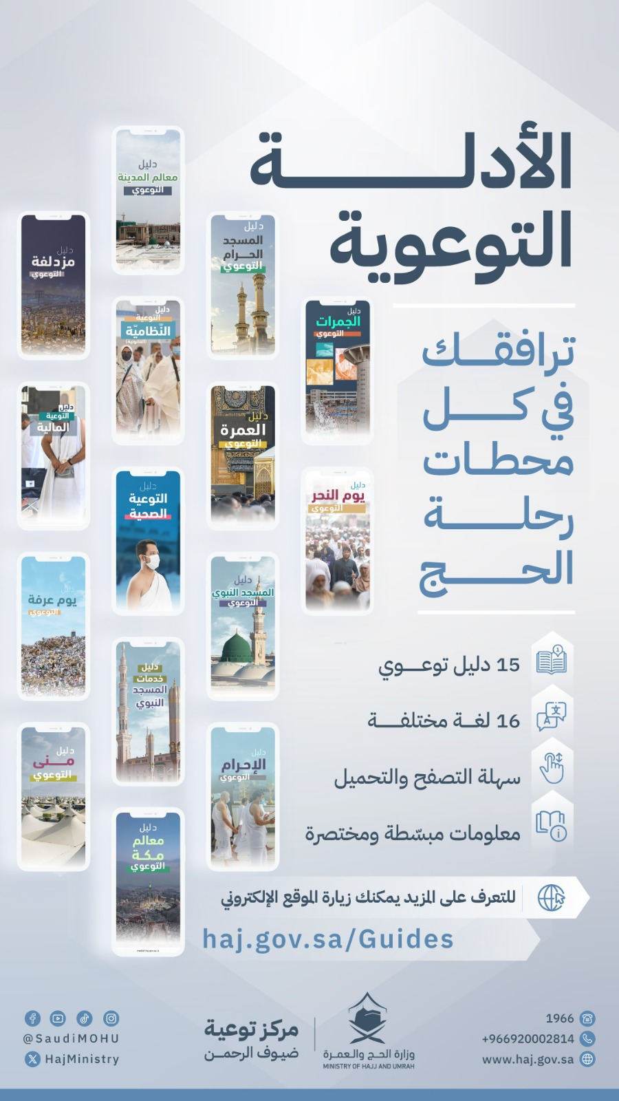   السعودية  توفر 15 دليلًا توعويًا بـ16 لغة لتسهيل رحلة الحجاج .