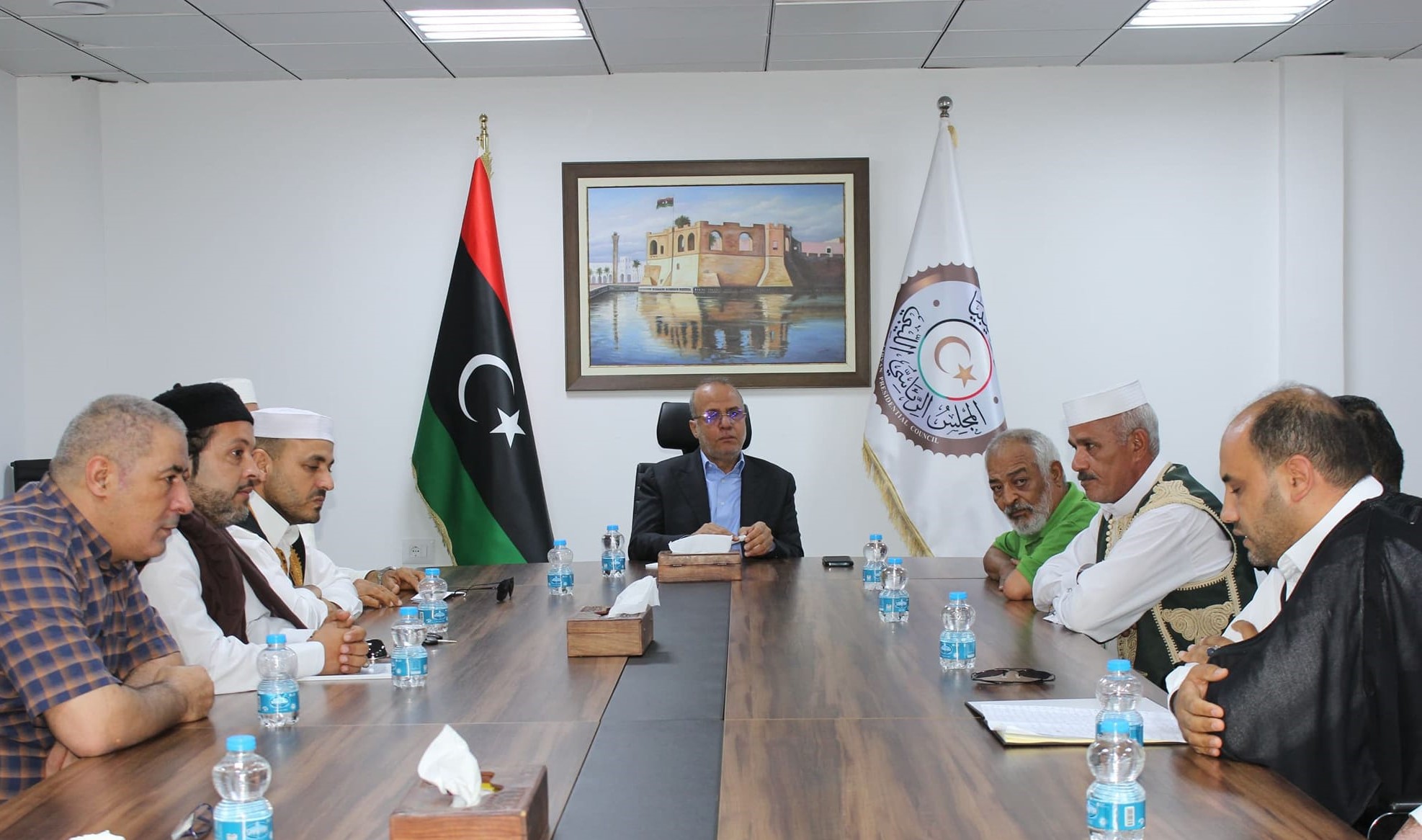 Al-Lafi discusses the reconciliation project with a delegation of notables and sheikhs of Bani Walid