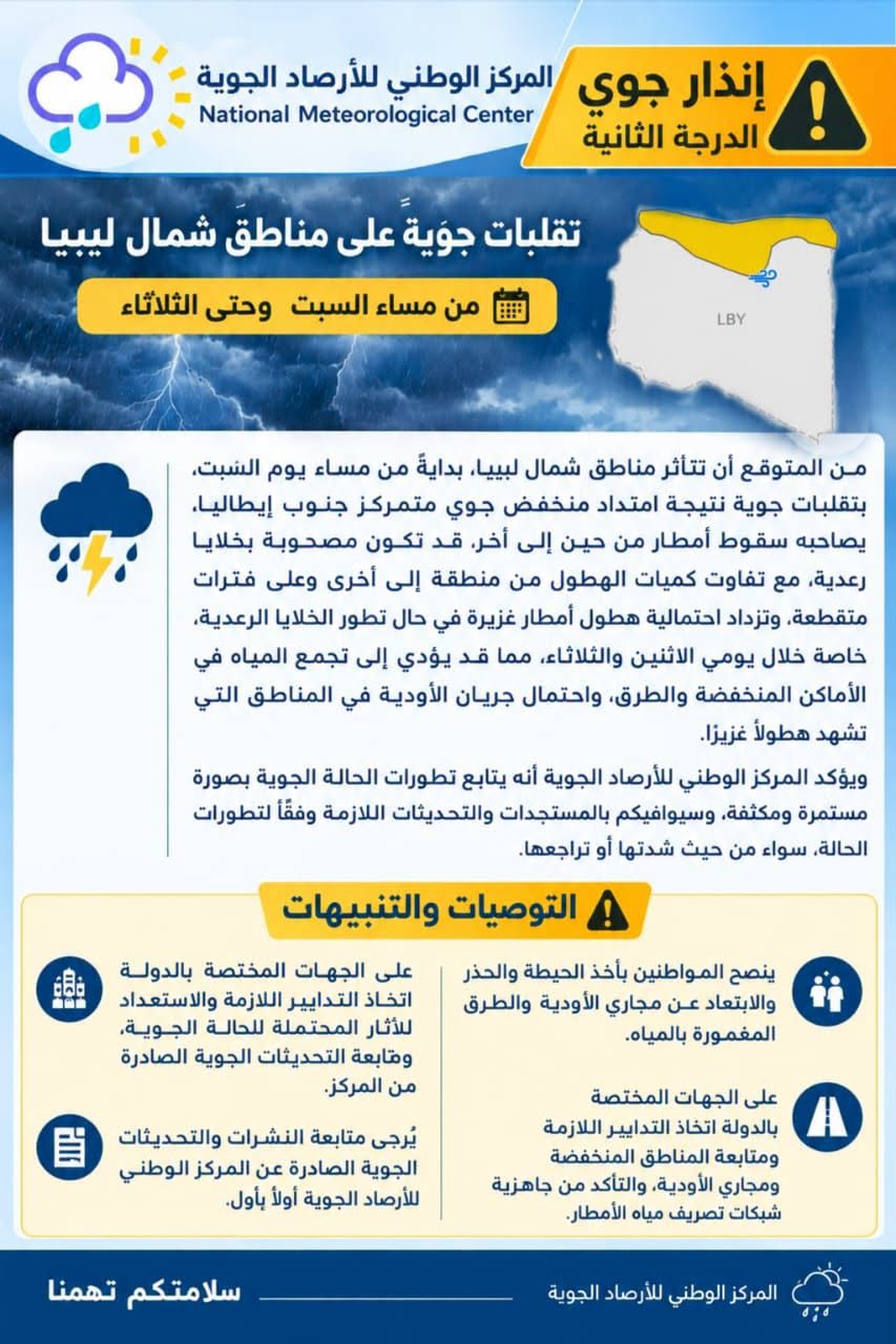 الأرصاد الجوية تحذّر من أمطار رعدية غزيرة وتقلبات جوية شمال البلاد.